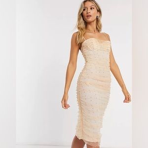 Asos Design Ruched Pearl Mesh Body-Con Midi Dress Pink Nude
